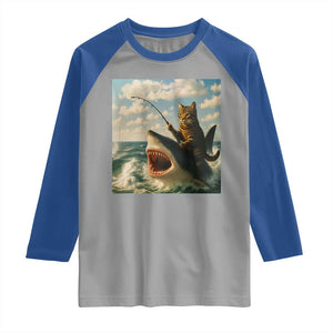 Funny Cat Riding Shark Raglan Shirt Fishing Fisherman Ocean Lover Humor TS14 Sport Gray Royal Print Your Wear