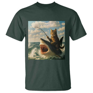 Funny Cat Riding Shark T Shirt Fishing Fisherman Ocean Lover Humor TS14 Dark Forest Green Print Your Wear