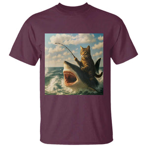 Funny Cat Riding Shark T Shirt Fishing Fisherman Ocean Lover Humor TS14 Maroon Print Your Wear