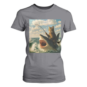 Funny Cat Riding Shark T Shirt For Women Fishing Fisherman Ocean Lover Humor TS14 Charcoal Print Your Wear