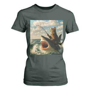 Funny Cat Riding Shark T Shirt For Women Fishing Fisherman Ocean Lover Humor TS14 Dark Forest Green Print Your Wear