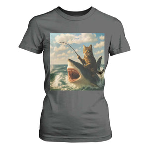 Funny Cat Riding Shark T Shirt For Women Fishing Fisherman Ocean Lover Humor TS14 Dark Heather Print Your Wear