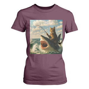 Funny Cat Riding Shark T Shirt For Women Fishing Fisherman Ocean Lover Humor TS14 Maroon Print Your Wear