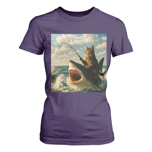 Funny Cat Riding Shark T Shirt For Women Fishing Fisherman Ocean Lover Humor TS14 Purple Print Your Wear