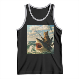 Funny Cat Riding Shark Tank Top Fishing Fisherman Ocean Lover Humor TS14 Black Athletic Heather Print Your Wear
