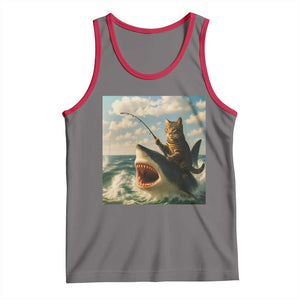 Funny Cat Riding Shark Tank Top Fishing Fisherman Ocean Lover Humor TS14 Deep Heather Red Print Your Wear
