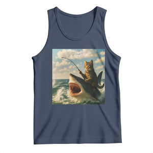 Funny Cat Riding Shark Tank Top Fishing Fisherman Ocean Lover Humor TS14 Navy Print Your Wear