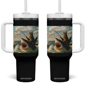 Funny Cat Riding Shark Tumbler With Handle Fishing Fisherman Ocean Lover Humor TS14 One Size: 40 oz Black Print Your Wear