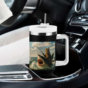 Funny Cat Riding Shark Tumbler With Handle Fishing Fisherman Ocean Lover Humor TS14 Print Your Wear