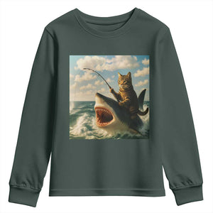 Funny Cat Riding Shark Youth Sweatshirt Fishing Fisherman Ocean Lover Humor TS14 Dark Forest Green Print Your Wear