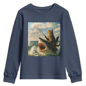 Funny Cat Riding Shark Youth Sweatshirt Fishing Fisherman Ocean Lover Humor TS14 Navy Print Your Wear