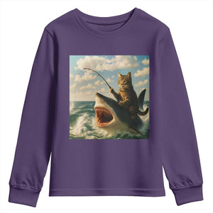 Funny Cat Riding Shark Youth Sweatshirt Fishing Fisherman Ocean Lover Humor TS14 Purple Print Your Wear