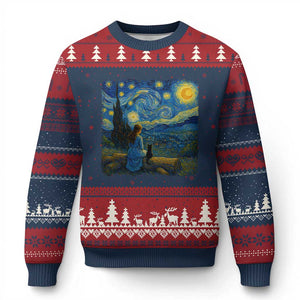 Cute Cat Starry Night Ugly Christmas Sweater Kitty Lovers TS14 Navy Red Print Your Wear