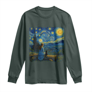 Cute Cat Starry Night Long Sleeve Shirt Kitty Lovers TS14 Dark Forest Green Print Your Wear