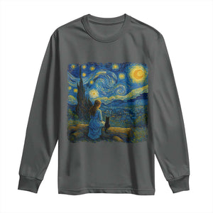 Cute Cat Starry Night Long Sleeve Shirt Kitty Lovers TS14 Dark Heather Print Your Wear
