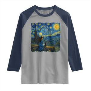 Cute Cat Starry Night Raglan Shirt Kitty Lovers TS14 Sport Gray Navy Print Your Wear