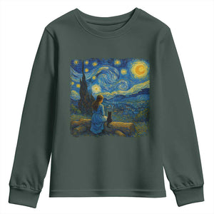 Cute Cat Starry Night Youth Sweatshirt Kitty Lovers TS14 Dark Forest Green Print Your Wear