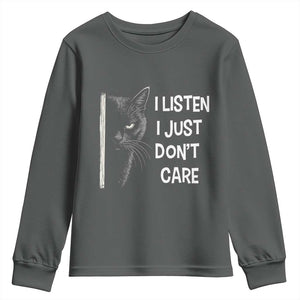Funny Introvert Cat Youth Sweatshirt I Listen I Just Don't Care Sarcastic Kitty Lover TS14 Dark Heather Print Your Wear