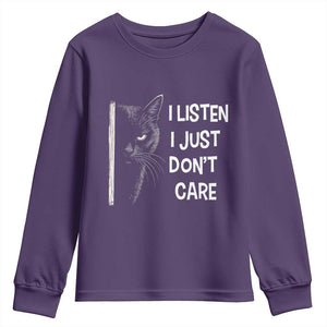 Funny Introvert Cat Youth Sweatshirt I Listen I Just Don't Care Sarcastic Kitty Lover TS14 Purple Print Your Wear