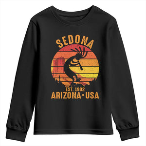 Retro Sedona Arizona Dancing Kokopelli Youth Sweatshirt Southwest Native Symbol Desert Heritage Established 1902