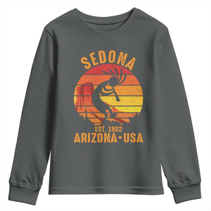 Retro Sedona Arizona Dancing Kokopelli Youth Sweatshirt Southwest Native Symbol Desert Heritage Established 1902