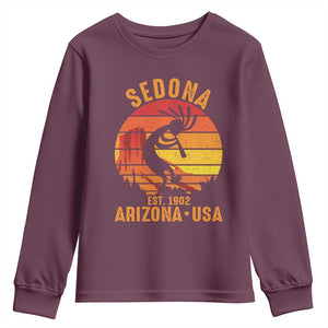 Retro Sedona Arizona Dancing Kokopelli Youth Sweatshirt Southwest Native Symbol Desert Heritage Established 1902