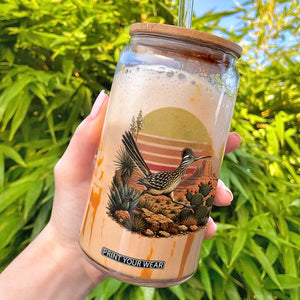 Retro Arizona Roadrunner Desert Sunset Glass Can Southwest Bird Wildlife Nature Lover
