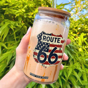 Route US 66 American Flag Americana Road Trip Glass Can