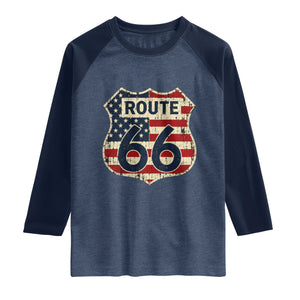 Route US 66 American Flag Americana Road Trip Raglan Shirt
