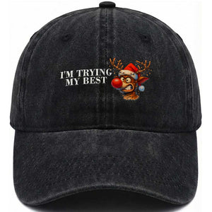 Funny Reindeer Christmas Meme Washed Cotton Baseball Cap I Am Trying My Best TS14 Washed Cap Universal Fit Black Print Your Wear