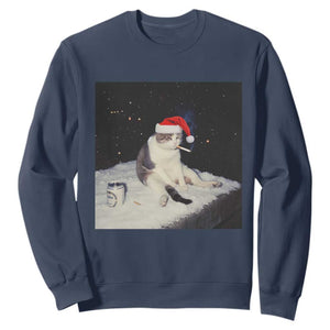 Funny Smoking Cat Christmas Meme Sweatshirt TS14 Navy Print Your Wear