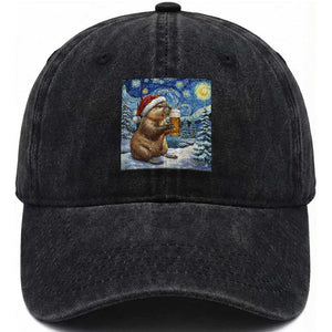 Otter Beer Christmas Washed Cotton Baseball Cap Starry Night Van Gogh TS14 Washed Cap Universal Fit Black Print Your Wear