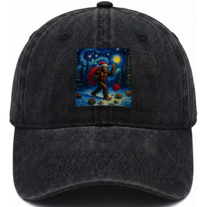 Bigfoot Christmas Washed Cotton Baseball Cap Starry Night Van Gogh TS14 Washed Cap Universal Fit Black Print Your Wear