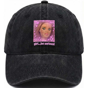 Funny Doll Face Meme Washed Cotton Baseball Cap Girl Be Serious TS14 Washed Cap Universal Fit Black Print Your Wear