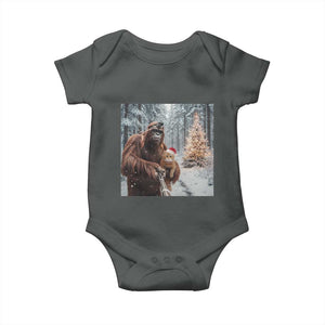 Funny Bigfoot With Cat Selfie Christmas Baby Onesie TS14 Dark Heather Print Your Wear
