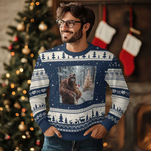 Funny Bigfoot With Cat Selfie Xmas Ugly Christmas Sweater TS14 Navy Beige Print Your Wear