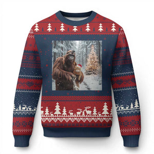 Funny Bigfoot With Cat Selfie Xmas Ugly Christmas Sweater TS14 Navy Red Print Your Wear