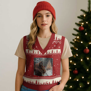 Funny Bigfoot With Cat Selfie Xmas V-Neck Knit Sweater Vest TS14 Red Beige Print Your Wear