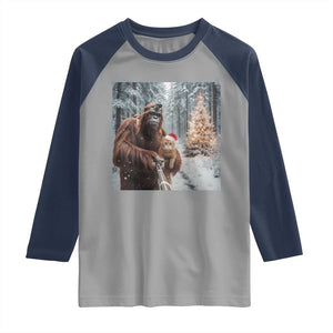 Funny Bigfoot With Cat Selfie Christmas Raglan Shirt TS14 Sport Gray Navy Print Your Wear