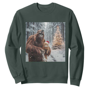 Funny Bigfoot With Cat Selfie Christmas Sweatshirt TS14 Dark Forest Green Print Your Wear