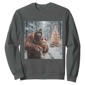 Funny Bigfoot With Cat Selfie Christmas Sweatshirt TS14 Dark Heather Print Your Wear