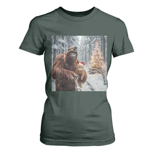 Funny Bigfoot With Cat Selfie Christmas T Shirt For Women TS14 Dark Forest Green Print Your Wear