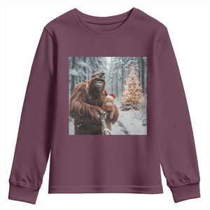 Funny Bigfoot With Cat Selfie Christmas Youth Sweatshirt TS14 Maroon Print Your Wear