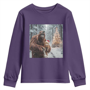 Funny Bigfoot With Cat Selfie Christmas Youth Sweatshirt TS14 Purple Print Your Wear