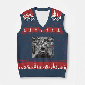 Funny Bigfoot Selfie V-Neck Knit Sweater Vest Sasquatch Alien UFO Xmas TS14 Navy Red Print Your Wear