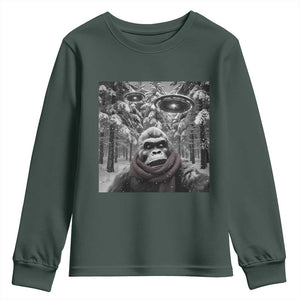 Funny Bigfoot Selfie Youth Sweatshirt Sasquatch Alien UFO Christmas TS14 Dark Forest Green Print Your Wear