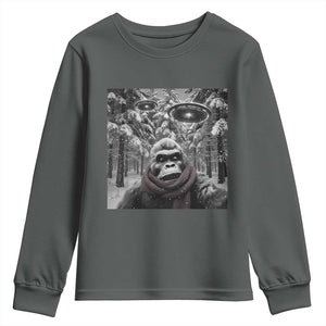 Funny Bigfoot Selfie Youth Sweatshirt Sasquatch Alien UFO Christmas TS14 Dark Heather Print Your Wear