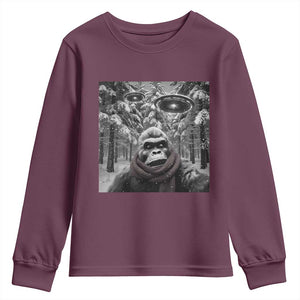 Funny Bigfoot Selfie Youth Sweatshirt Sasquatch Alien UFO Christmas TS14 Maroon Print Your Wear