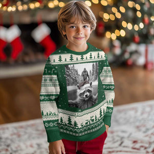 Funny Racoon With Bigfoot Selfie Xmas Ugly Christmas Sweater TS14 Forest Green Beige Print Your Wear