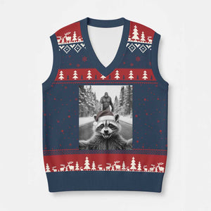 Funny Racoon With Bigfoot Selfie Xmas V-Neck Knit Sweater Vest TS14 Navy Red Print Your Wear